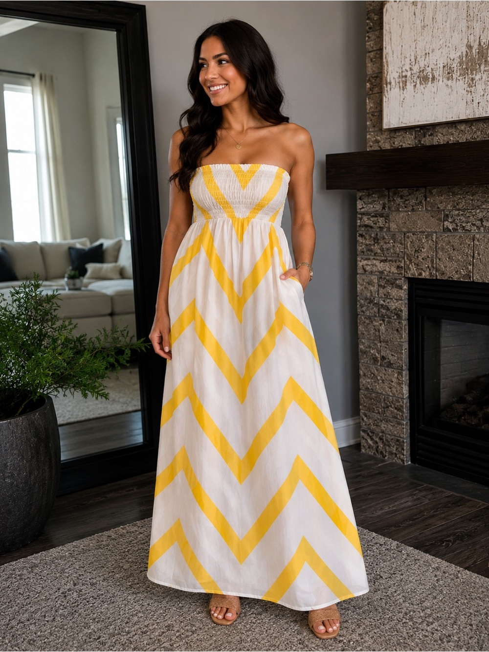 Women’s White and Yellow Chevron Strapless Summer Dress